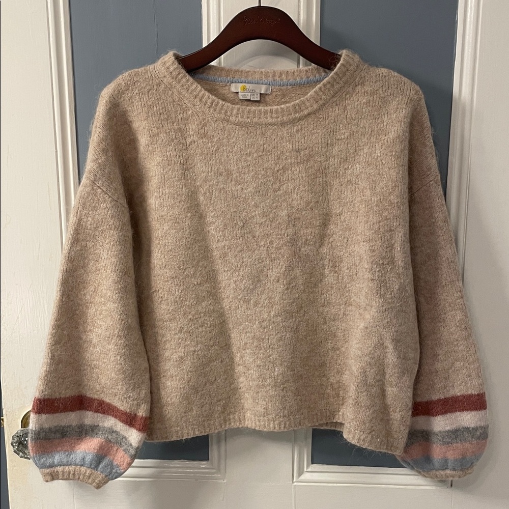 Boden Light Gray Crewneck Sweater with Pink & Blue Cuff Stripes - Picture 7 of 9
